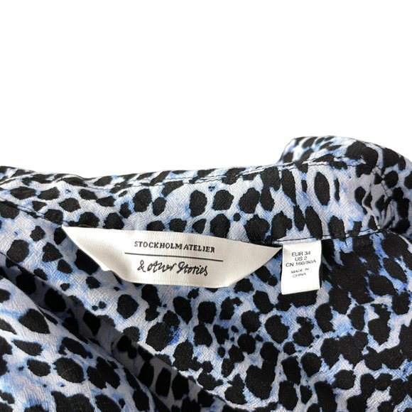 & Other Stories Shirt Dress Midi Blue Animal Print Long Sleeve Side Zip Belted - Picture 4 of 12